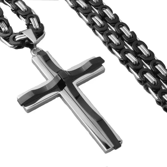 Vintage Stainless Steel Cross Necklace - Black & Stainless Steel 