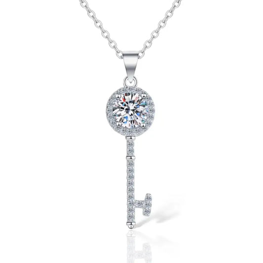 Moissanite Key Pendant Necklace - Silver - Jewelry