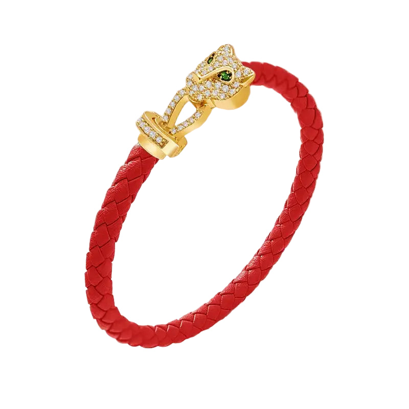 MOONLIGHT Classic Design Exquisite Cheetah Zircon Bracelet for Women Braided Leather Quality Banquet Couples Gift - Red