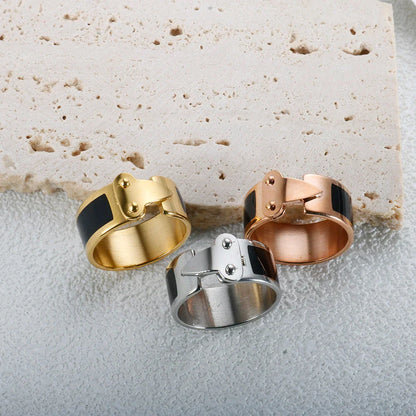 Fashion Enamel Buckle Charm Ring Black Dripping Oil Stainless Steel 10mm Shells Finger Rings 1 8 K Gold Color For Women