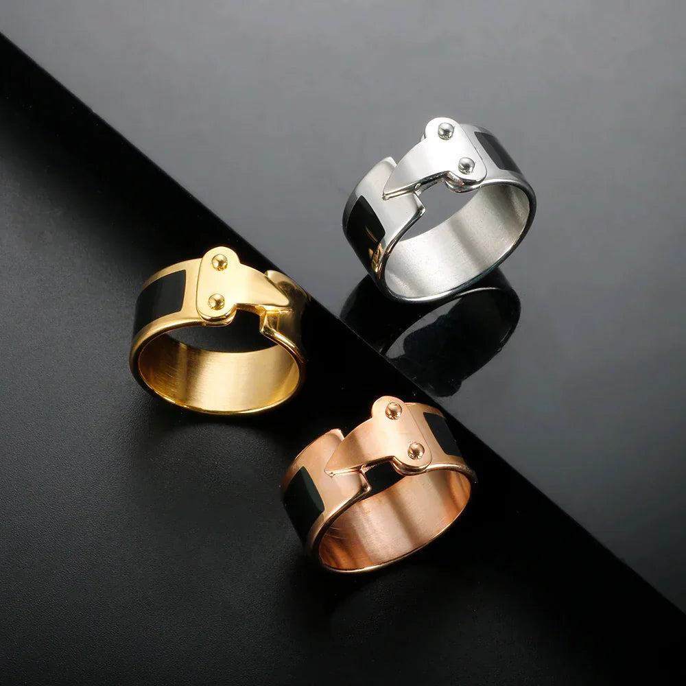 Fashion Enamel Buckle Charm Ring Black Dripping Oil Stainless Steel 10mm Shells Finger Rings 1 8 K Gold Color For Women