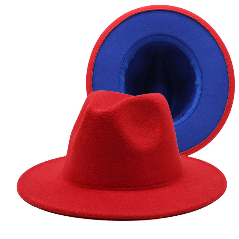 QBHAT Two-color Fedora Hat Women Men Wide Brim Felt Jazz Ladies Party Top Cap Patchwork Chapeau Sombreros De Mujer 50