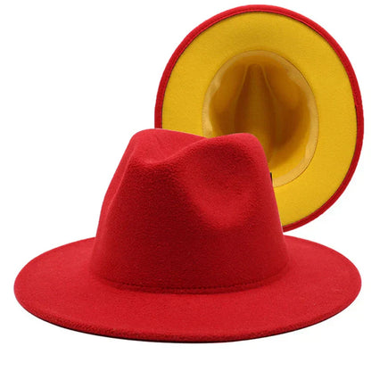 QBHAT Two-color Fedora Hat Women Men Wide Brim Felt Jazz Ladies Party Top Cap Patchwork Chapeau Sombreros De Mujer 50