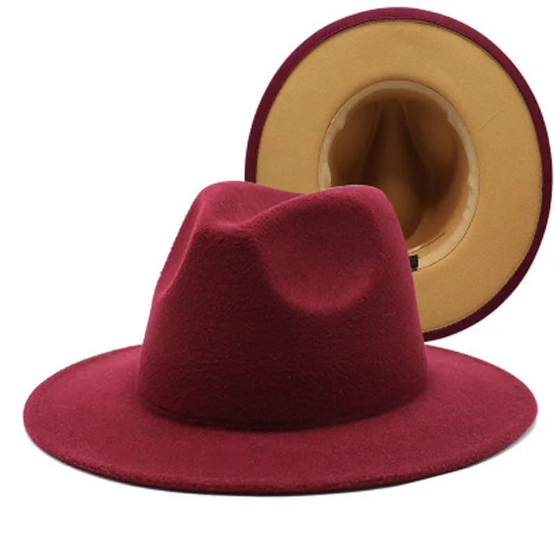 QBHAT Two-color Fedora Hat Women Men Wide Brim Felt Jazz Ladies Party Top Cap Patchwork Chapeau Sombreros De Mujer 50