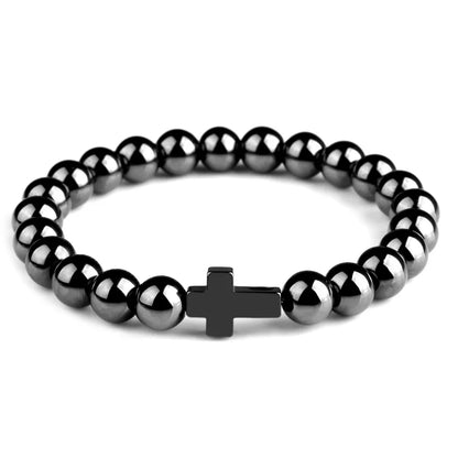 Natural Stone Cross Bracelets Hematite Stainless Steel Elastic Rope Map Lava Bead Bracelet For Men Women Charm Jewelry