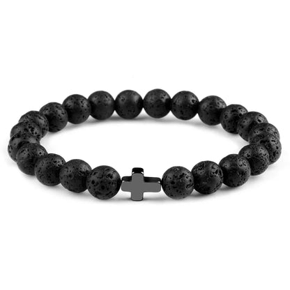 Natural Stone Cross Bracelets Hematite Stainless Steel Elastic Rope Map Lava Bead Bracelet For Men Women Charm Jewelry