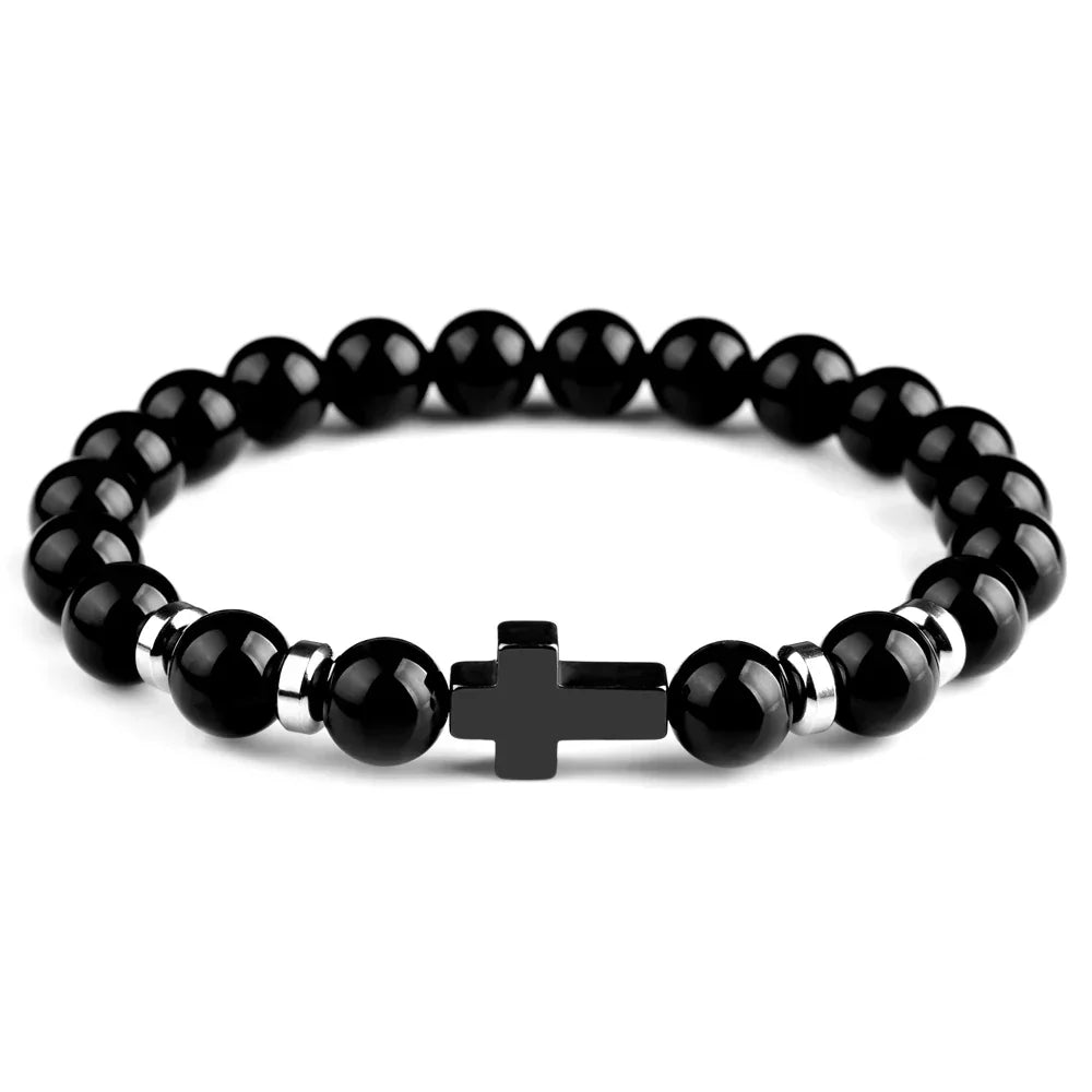 Natural Stone Cross Bracelets Hematite Stainless Steel Elastic Rope Map Lava Bead Bracelet For Men Women Charm Jewelry