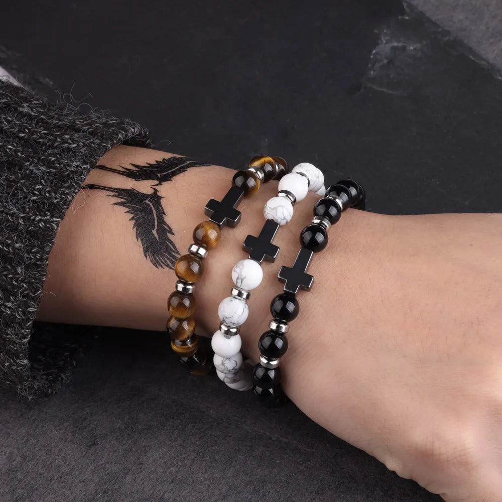 Natural Stone Cross Bracelets Hematite Stainless Steel Elastic Rope Map Lava Bead Bracelet For Men Women Charm Jewelry