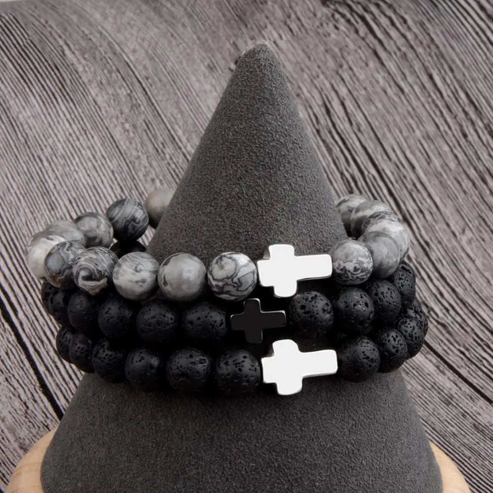 Natural Stone Cross Bracelets Hematite Stainless Steel Elastic Rope Map Lava Bead Bracelet For Men Women Charm Jewelry