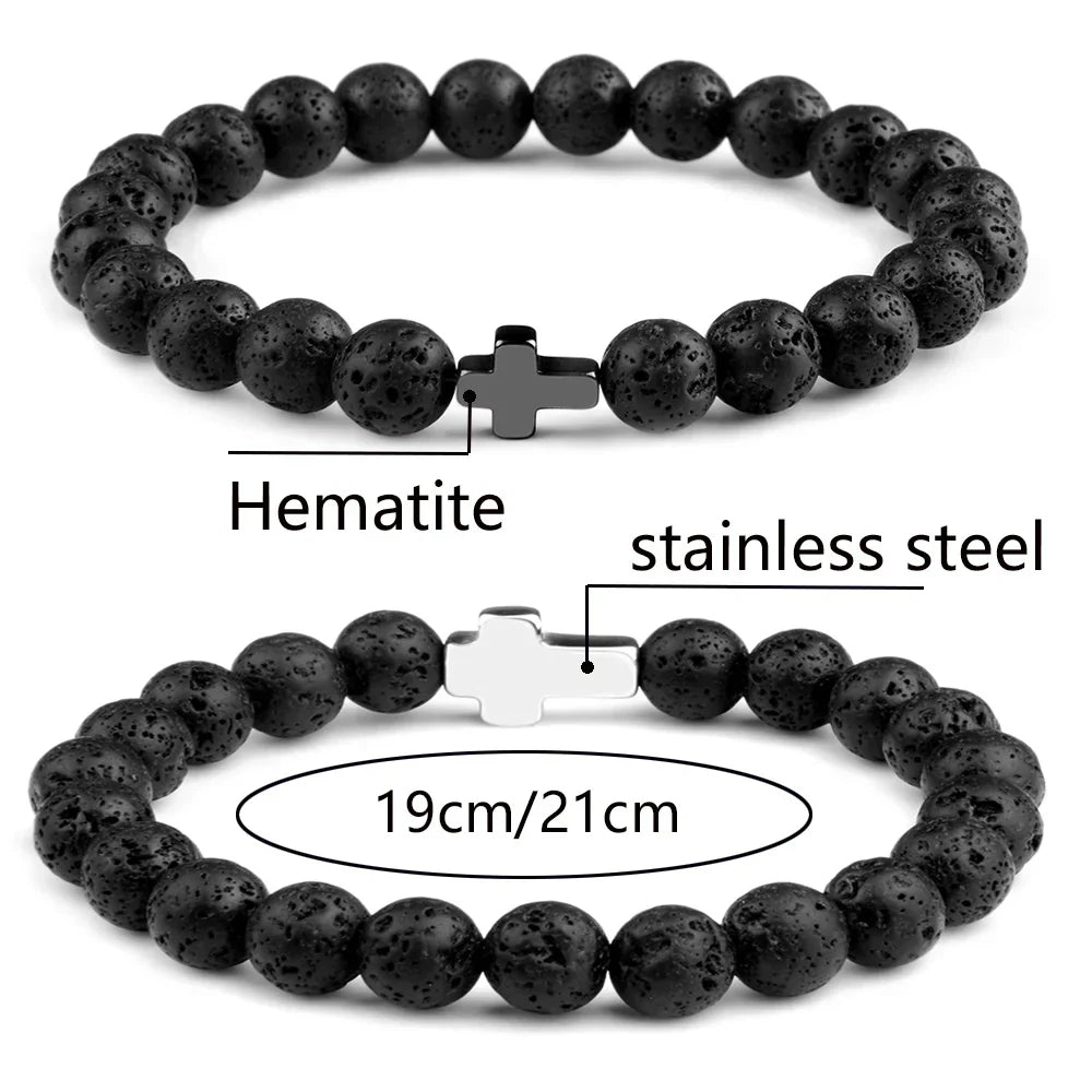 Natural Stone Cross Bracelets Hematite Stainless Steel Elastic Rope Map Lava Bead Bracelet For Men Women Charm Jewelry