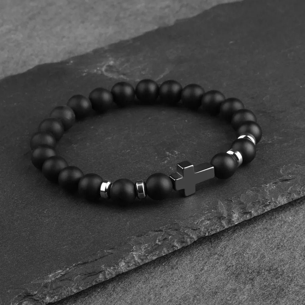 Natural Stone Cross Bracelets Hematite Stainless Steel Elastic Rope Map Lava Bead Bracelet For Men Women Charm Jewelry