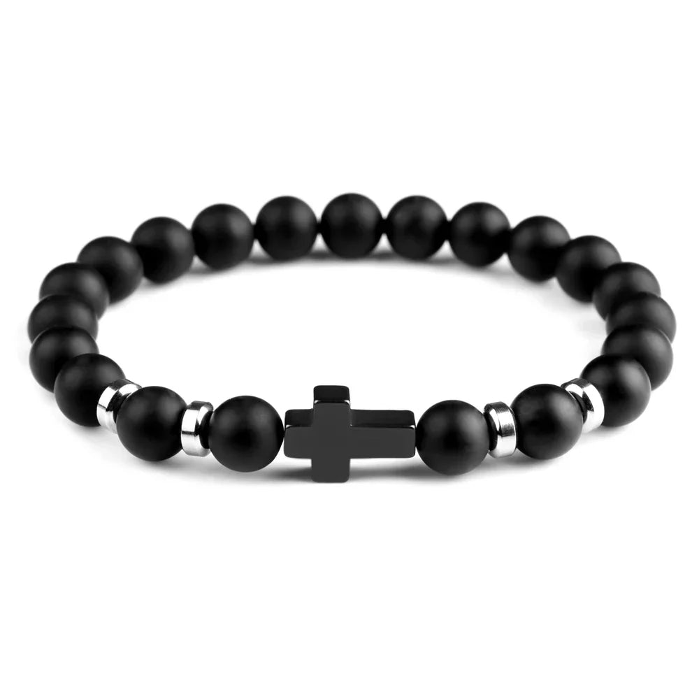 Natural Stone Cross Bracelets Hematite Stainless Steel Elastic Rope Map Lava Bead Bracelet For Men Women Charm Jewelry