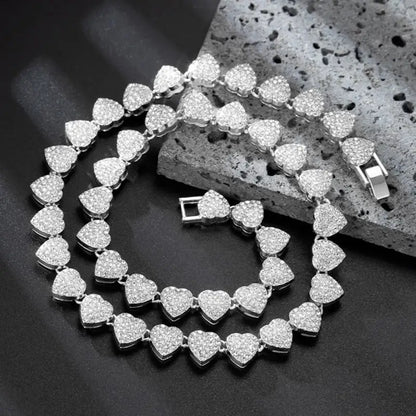 New Hip Hop Tennis Chain Bracelet Necklace for Women Full Iced Out Shiny Heart Rhinestone CZ Fashion Rock Party Jewelry