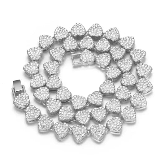 New Hip Hop Tennis Chain Bracelet Necklace for Women Full Iced Out Shiny Heart Rhinestone CZ Fashion Rock Party Jewelry