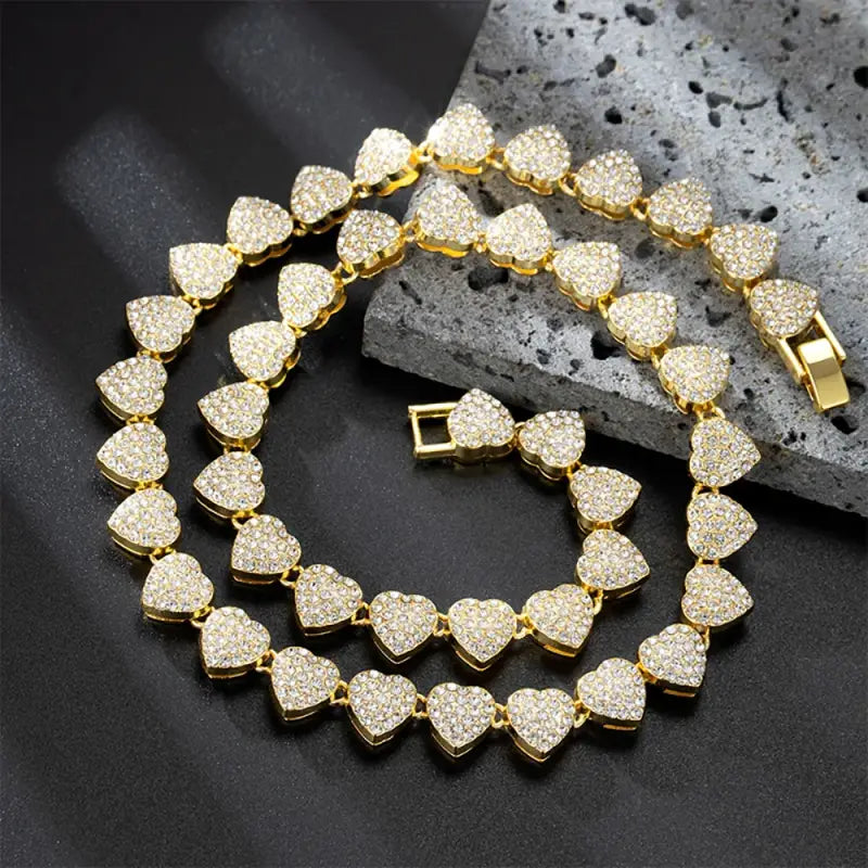 New Hip Hop Tennis Chain Bracelet Necklace for Women Full Iced Out Shiny Heart Rhinestone CZ Fashion Rock Party Jewelry