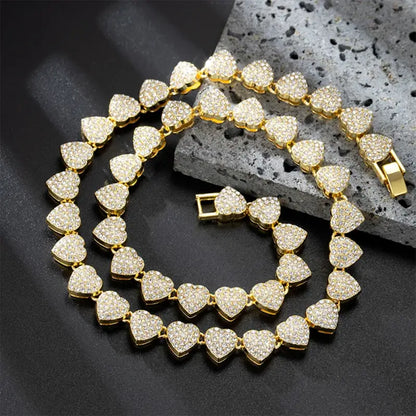 New Hip Hop Tennis Chain Bracelet Necklace for Women Full Iced Out Shiny Heart Rhinestone CZ Fashion Rock Party Jewelry