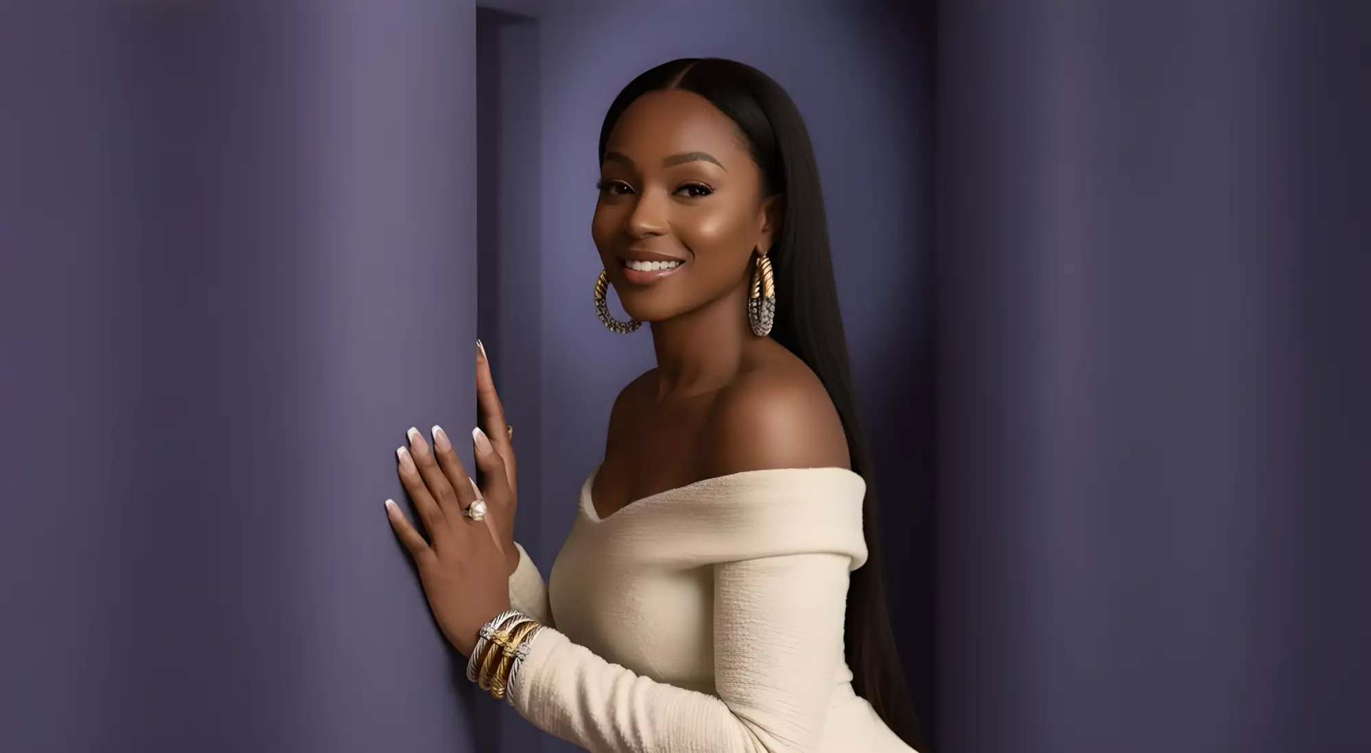 Off-white off-the-shoulder long-sleeved knit dress