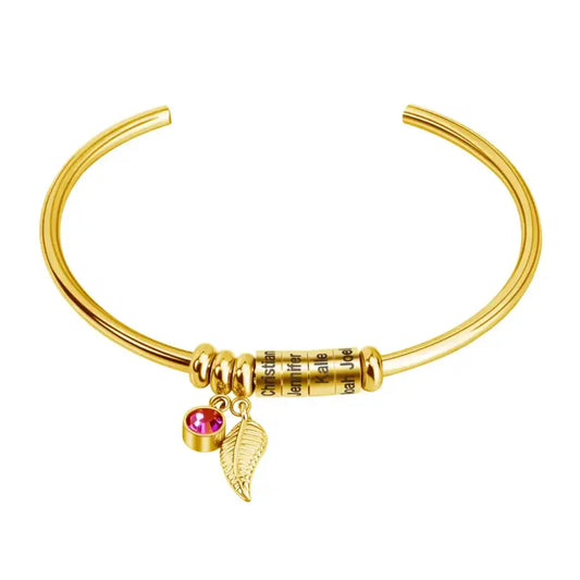 Open Bangle Birthstone Bracelet | Engraved Gold Beads - Jewelry