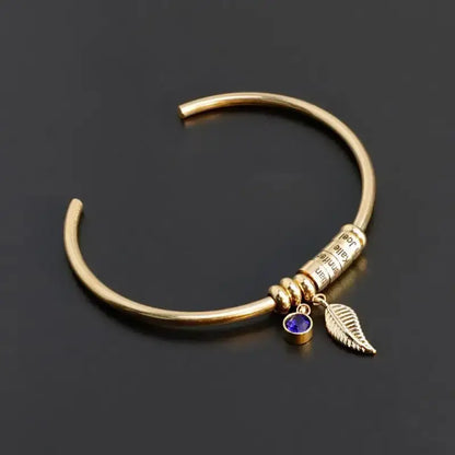 Open Bangle Birthstone Bracelet | Engraved Gold Beads - Jewelry