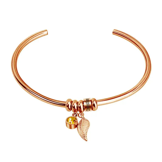 Open Bangle Birthstone Bracelet | Engraved Rose Gold Beads - Jewelry