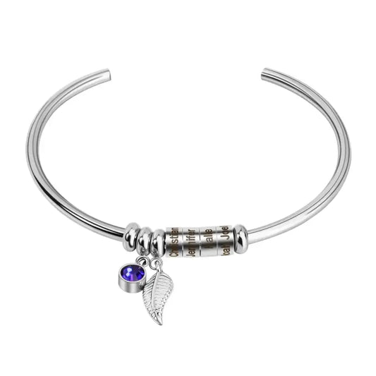 Open Bangle Bracelet with Birthstone and Engraved Beads - Silver - Jewelry