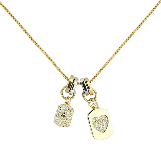 Pave Heart and Star Charm Box Chain Necklace | 18k Gold Plated & Stainless Steel - Jewelry