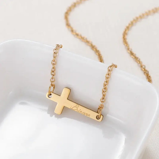 Personalized Horizontal Cross Necklace: Baptism First Communion...Simple & Meaningful