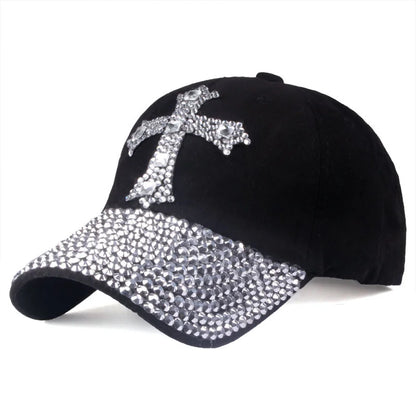 Rhinestone Cross Colored Cap - Black / Adjustable - Hat