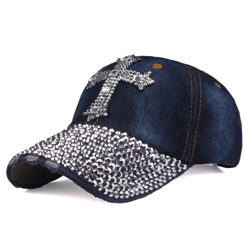 Rhinestone Cross Colored Cap - Dark Denim / Adjustable - Hat