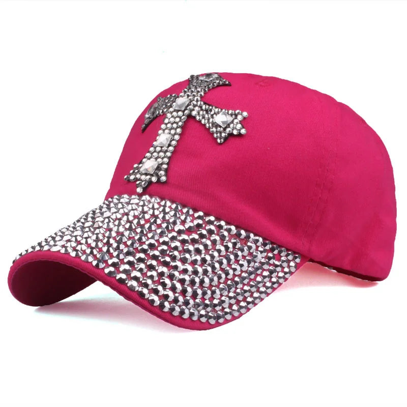 Rhinestone Cross Colored Cap - Fushcia Pink / Adjustable - Hat