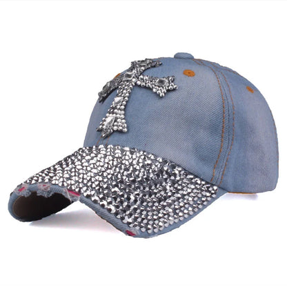 Rhinestone Cross Colored Cap - Light Denim / Adjustable - Hat