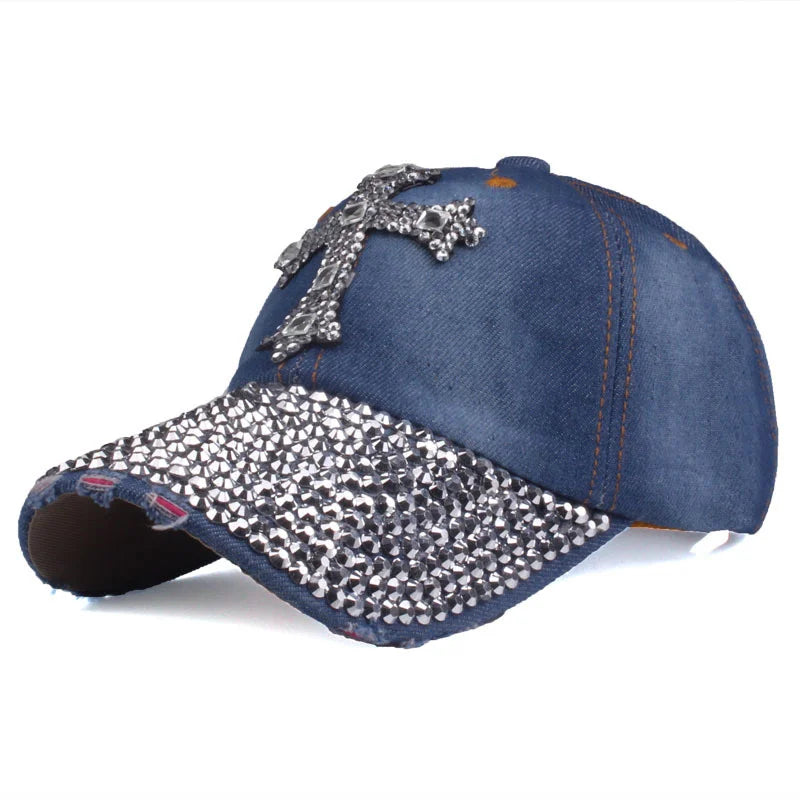 Rhinestone Cross Colored Cap - Medium Denim / Adjustable - Hat