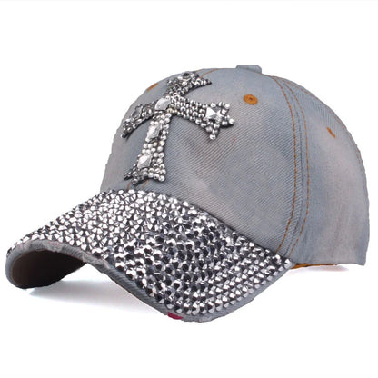 Rhinestone Cross Colored Cap - Pale Denim / Adjustable - Hat