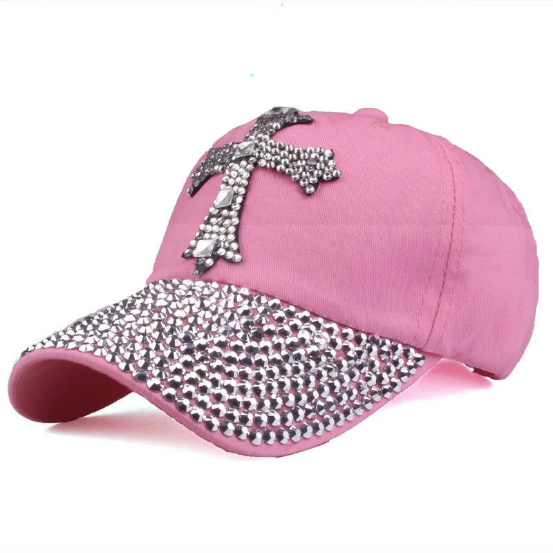 Rhinestone Cross Colored Cap - Pink / Adjustable - Hat