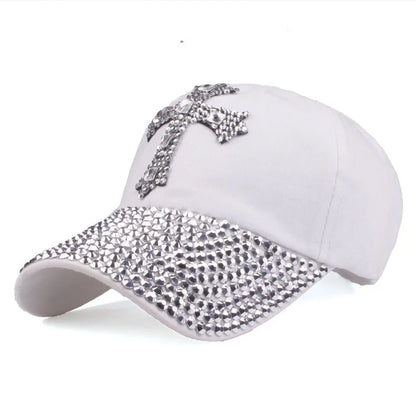 Rhinestone Cross Colored Cap - White / Adjustable - Hat