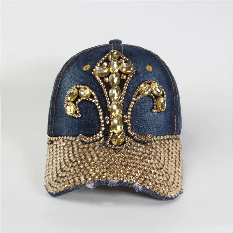 Rhinestone Crown Cap - Fuschia - Dark Denim - Hat