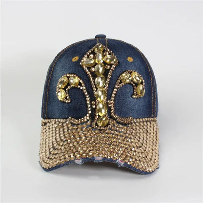 Rhinestone Crown Cap - Fuschia - Dark Denim - Hat