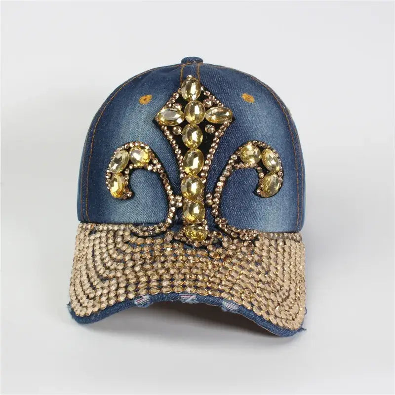 Rhinestone Crown Cap - Fuschia - Medium Denim - Hat