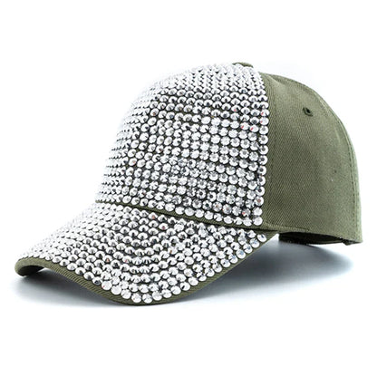 New Women Diamond Inlay Cap Simple Plain Baseball Female Adjustable Casual Outdoor Streetwear Fashion Hat - Army Green