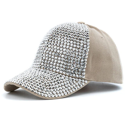 New Women Diamond Inlay Cap Simple Plain Baseball Female Adjustable Casual Outdoor Streetwear Fashion Hat - Khaki