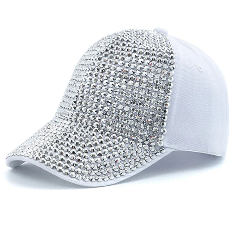 New Women Diamond Inlay Cap Simple Plain Baseball Female Adjustable Casual Outdoor Streetwear Fashion Hat - White