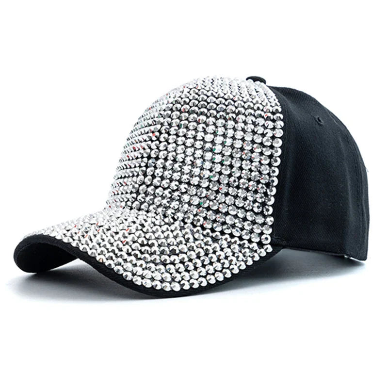 New Women Diamond Inlay Cap Simple Plain Baseball Female Adjustable Casual Outdoor Streetwear Fashion Hat - White Black