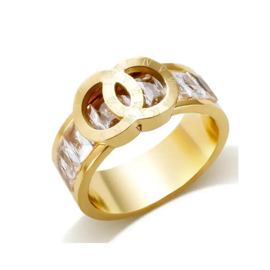 Roman Dial Stainless Steel Ring with Cubic Zirconia - Gold / 6 - Jewelry