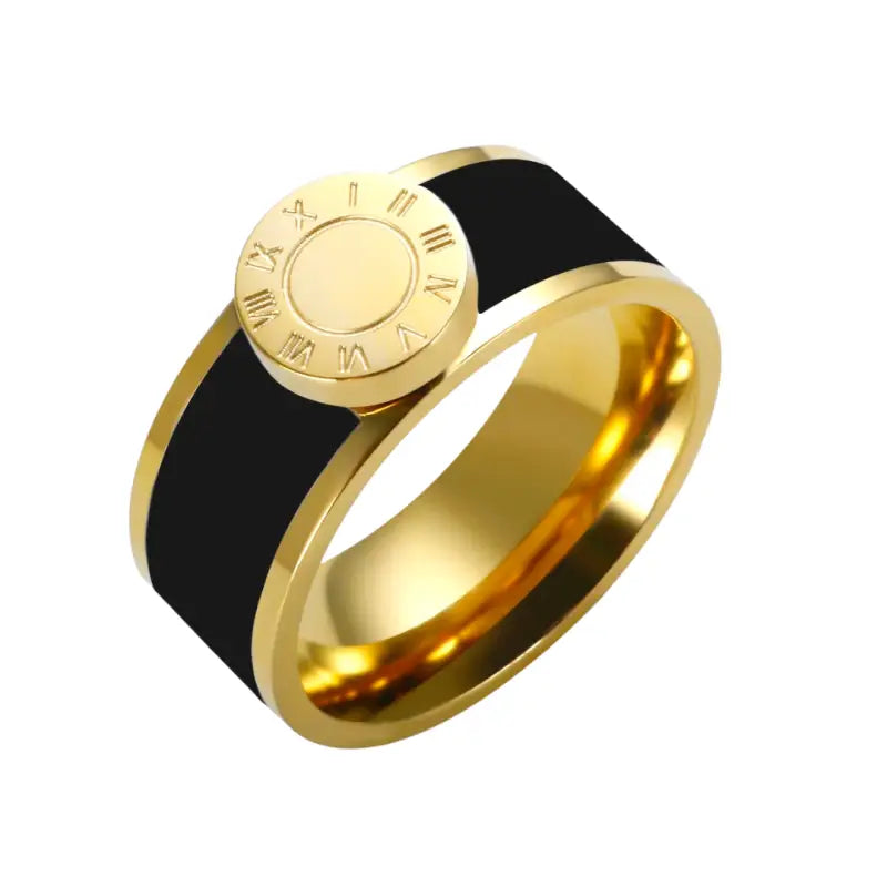 Roman Enamel Gold Signet Ring - Black / 6