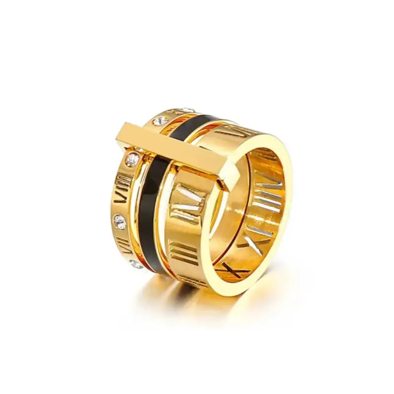 Roman Numeral Triple Layer Ring with Onyx & Pearl Accents - Gold Black / 6