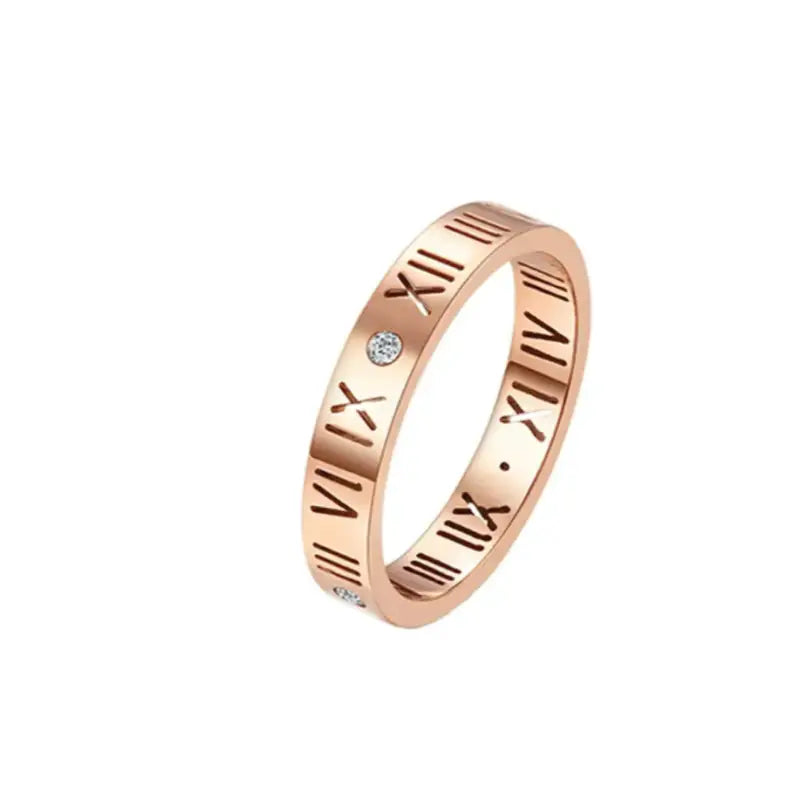 Roman Numeral Triple Layer Ring with Onyx & Pearl Accents - Single Rose Gold / 6