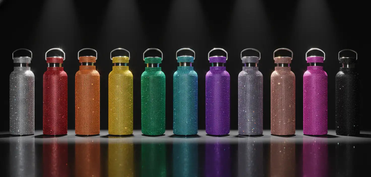 A row of sparkling, rhinestone-encrusted water bottles in rainbow colors.