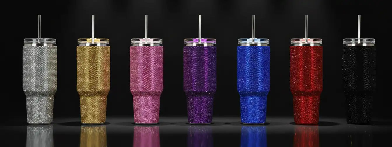 A row of six glittery, sparkling insulated tumblers in silver, gold, pink, purple, blue, red, and black.