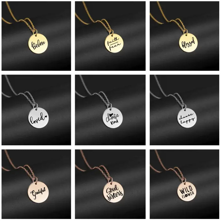 My Shape Faith Hope Love Excitement Stainless Steel Necklace for Women Small Round Pendant Choker Gift Best Friends