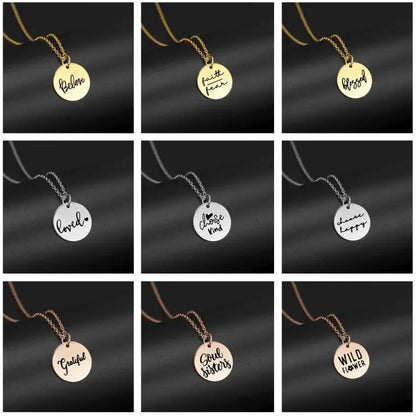 My Shape Faith Hope Love Excitement Stainless Steel Necklace for Women Small Round Pendant Choker Gift Best Friends